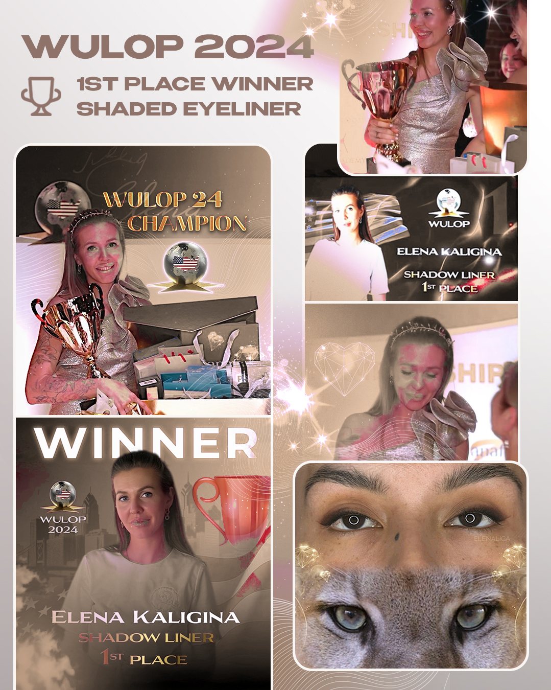 WULOP USA 2024: 1st place winner, Shaded Eyeliner — collage of the award ceremony
