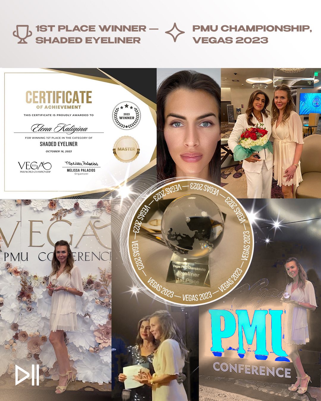 Vegas PMU Championship 2023: 1st place winner, Shaded Eyeliner — collage with the certificate and award