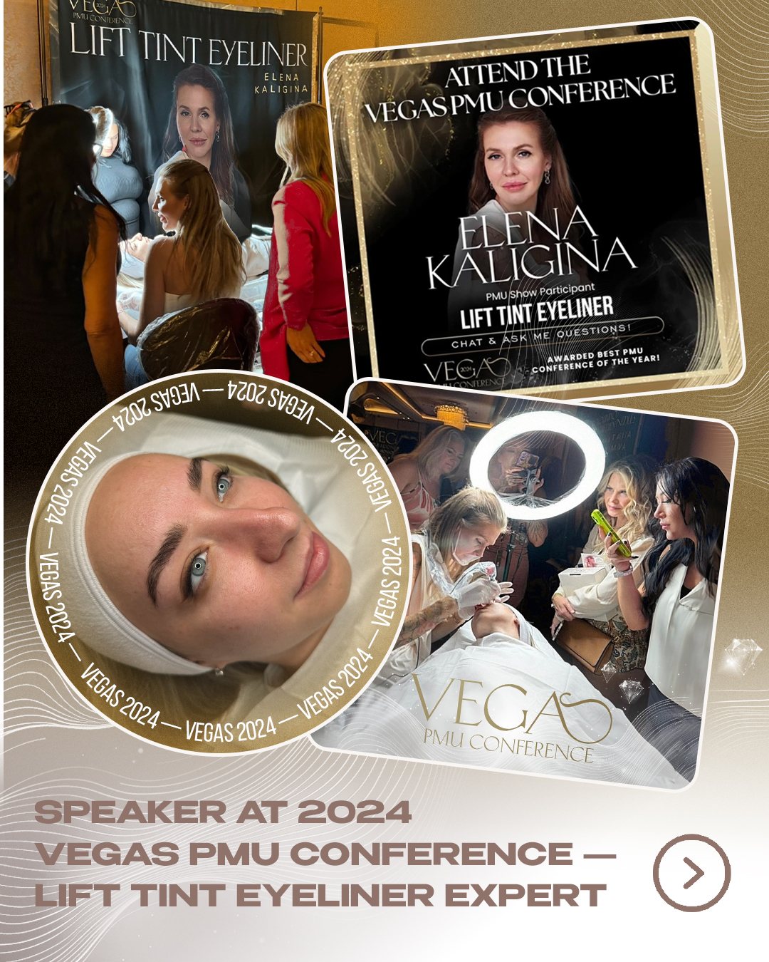 Speaker at the Vegas PMU Conference 2024, Lift Tint Eyeliner — collage