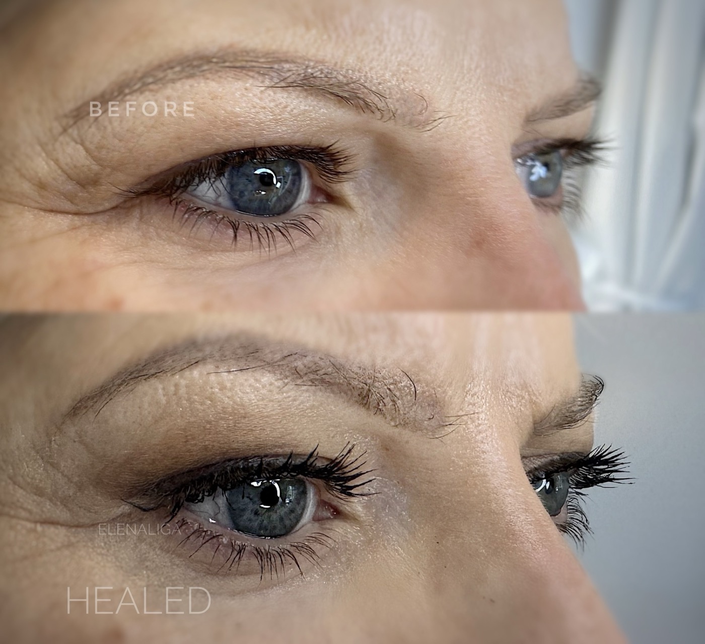 Before and healed: eyelid permanent makeup by Elena Kaligina